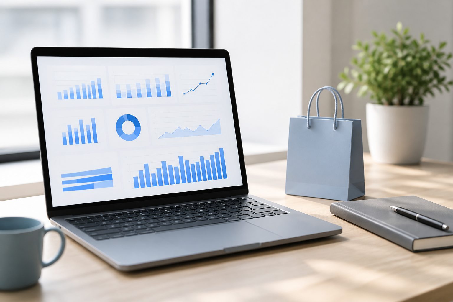 Ordinateur portable affichant un tableau de bord d'analytics e-commerce sur un bureau lumineux