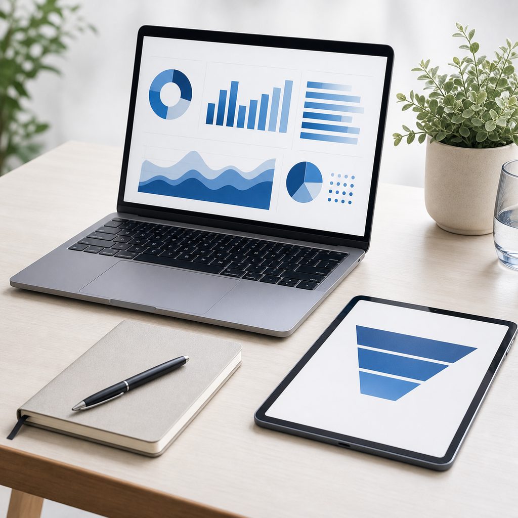 Tablette affichant un entonnoir de conversion en quatre étapes décroissantes, symbolisant le parcours d'une campagne de prospection