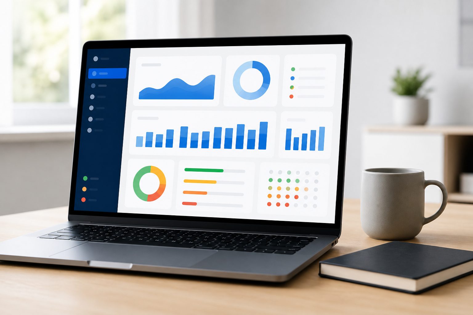 Ordinateur portable ouvert sur un tableau de bord WordPress avec des indicateurs SEO colorés
